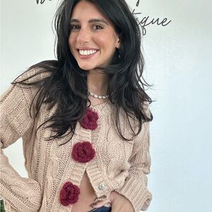 Chic Beige Cardigan with Red Floral Details